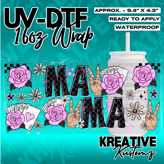 A floral UV DTF cup wrap featuring the word MAMA, playing cards, and peace signs.