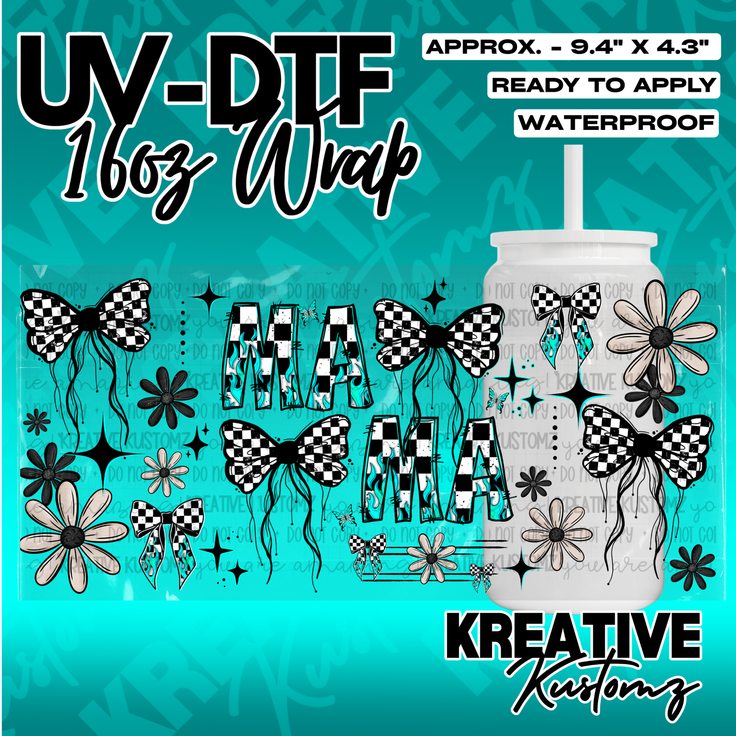 A UV DTF cup wrap featuring a checkered bow and daisy design with the word MAMA in blue flames.
