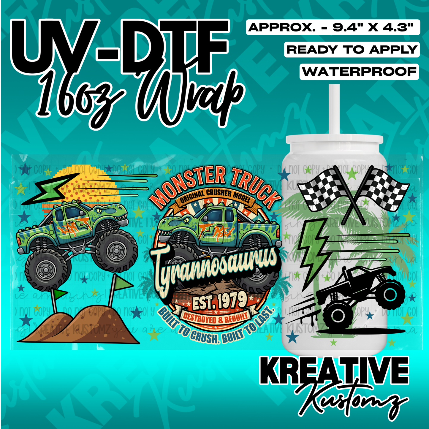 A monster truck themed UV DTF adhesive wrap for a 16oz glass cup.