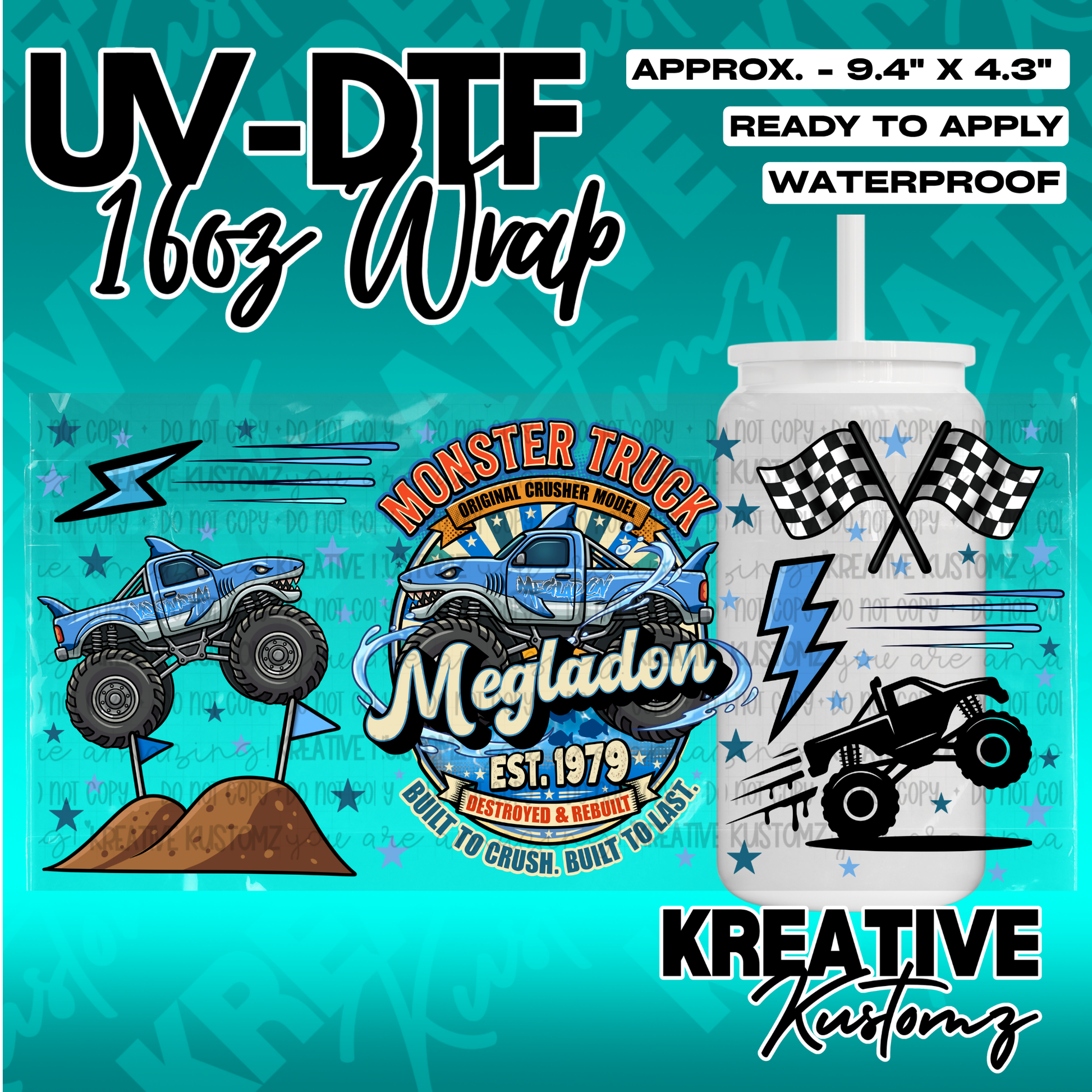 A monster truck themed UV DTF adhesive wrap for a 16oz glass cup featuring a shark truck design.