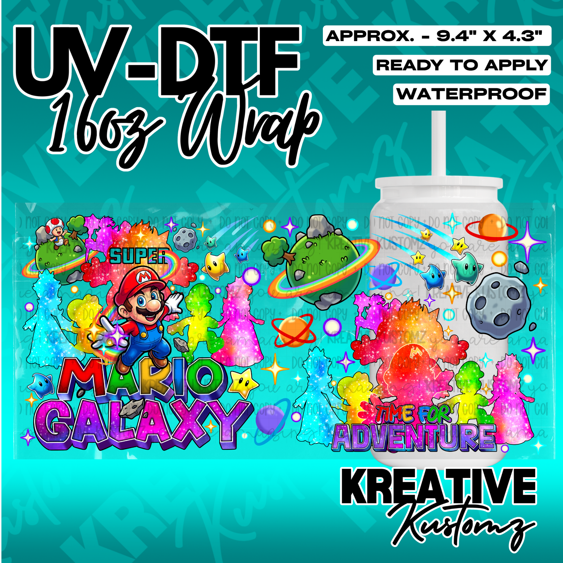A Super Mario Galaxy themed UV DTF adhesive wrap for a 16oz glass cup.