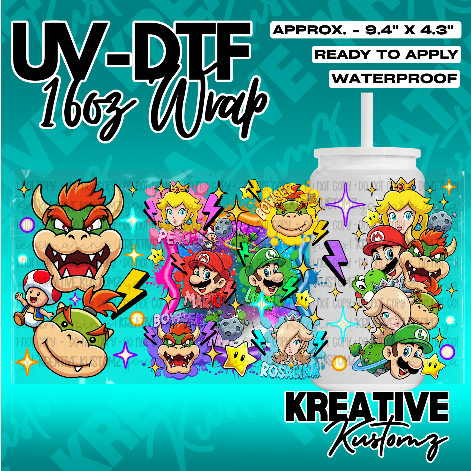 A Super Mario themed UV DTF adhesive wrap for a 16oz glass cup featuring various character icons.