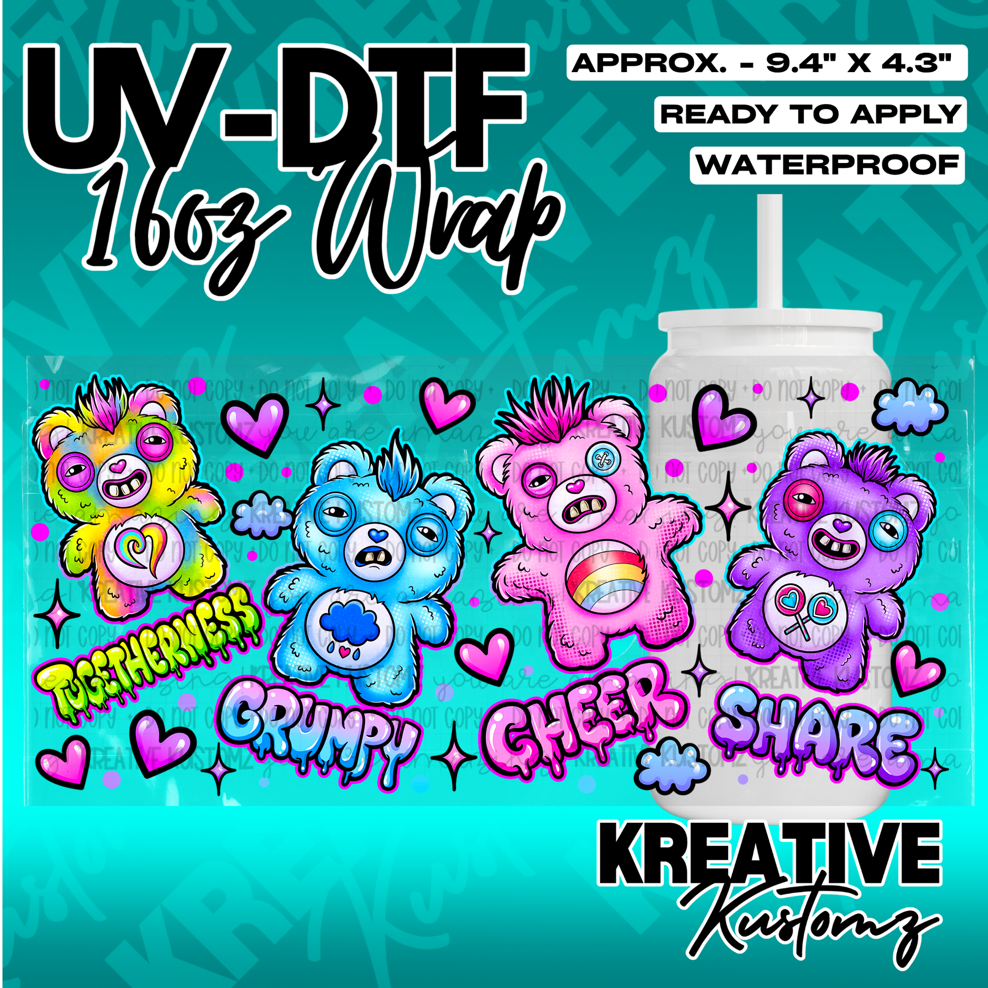 A UV DTF cup wrap featuring four colorful cartoon bears with text on a teal background.
