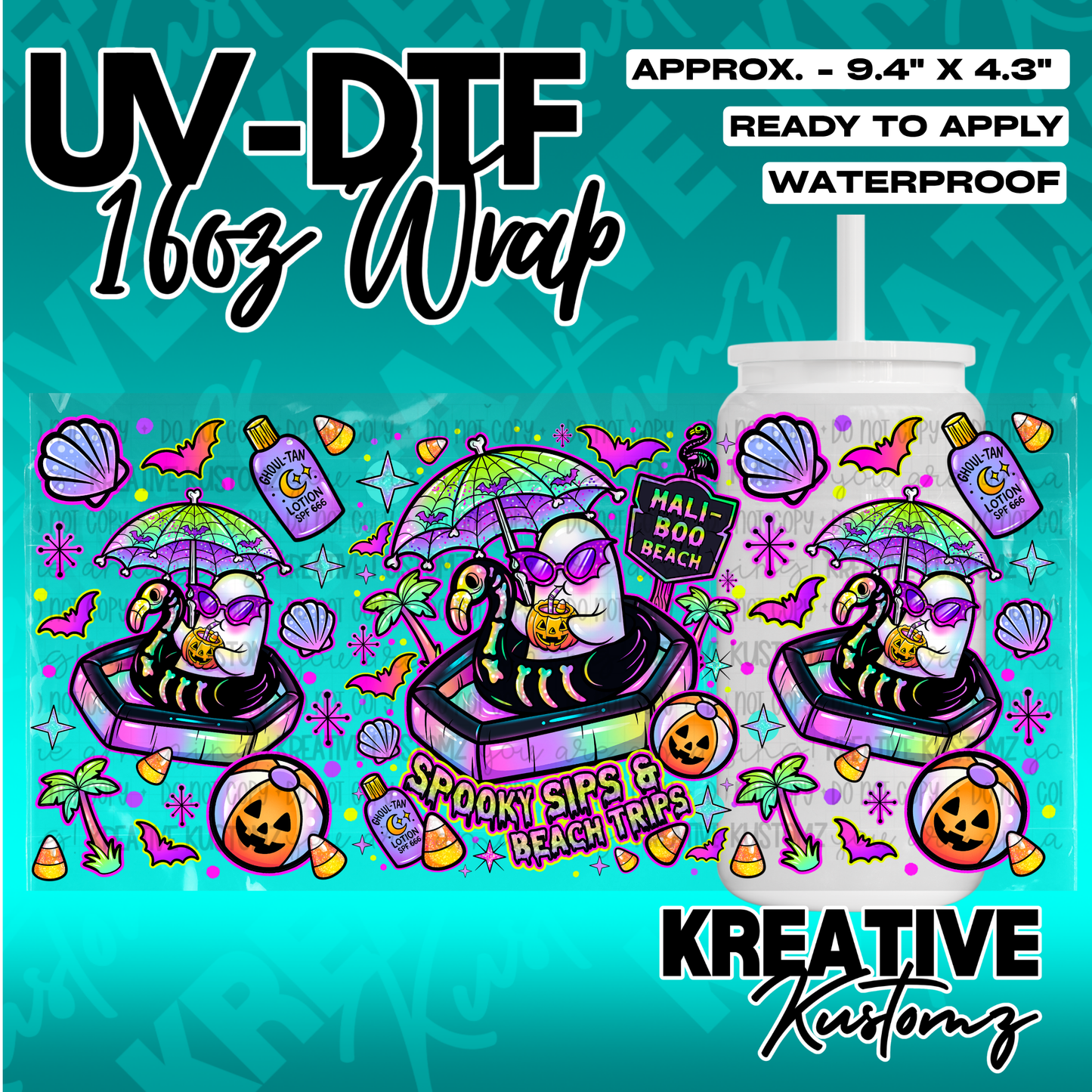 A vibrant Halloween-themed UV DTF adhesive wrap for 16oz glass cups featuring ghosts at the beach.