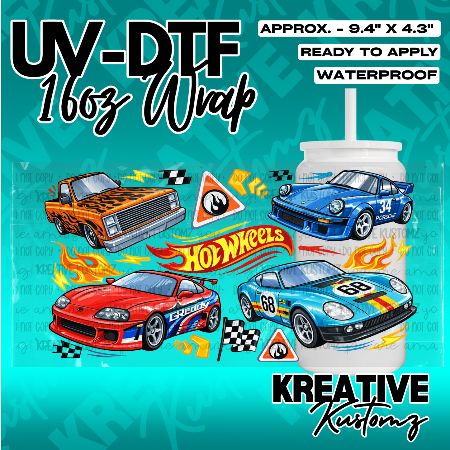 A UV DTF cup wrap featuring Hot Wheels cars and racing graphics for a 16oz glass can.