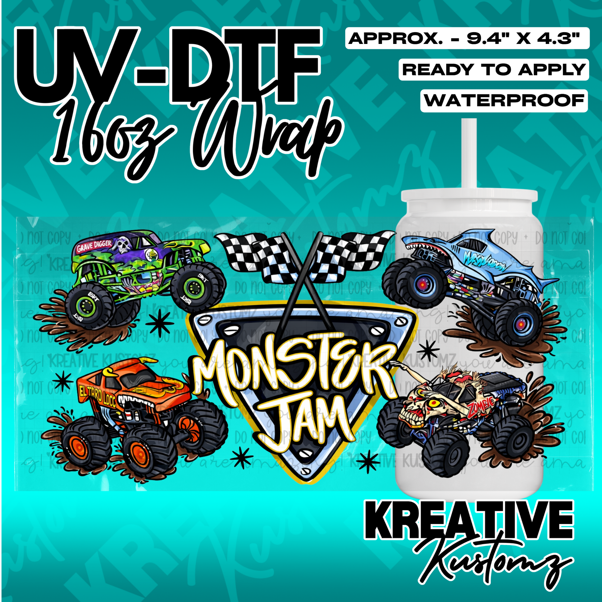 A Monster Jam themed UV DTF adhesive wrap for a 16oz glass cup featuring four monster trucks.