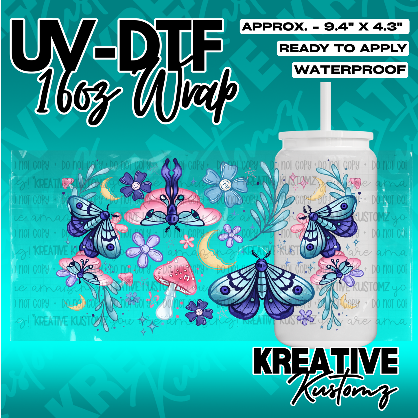 A floral and moth themed UV DTF adhesive wrap for a 16oz glass cup.