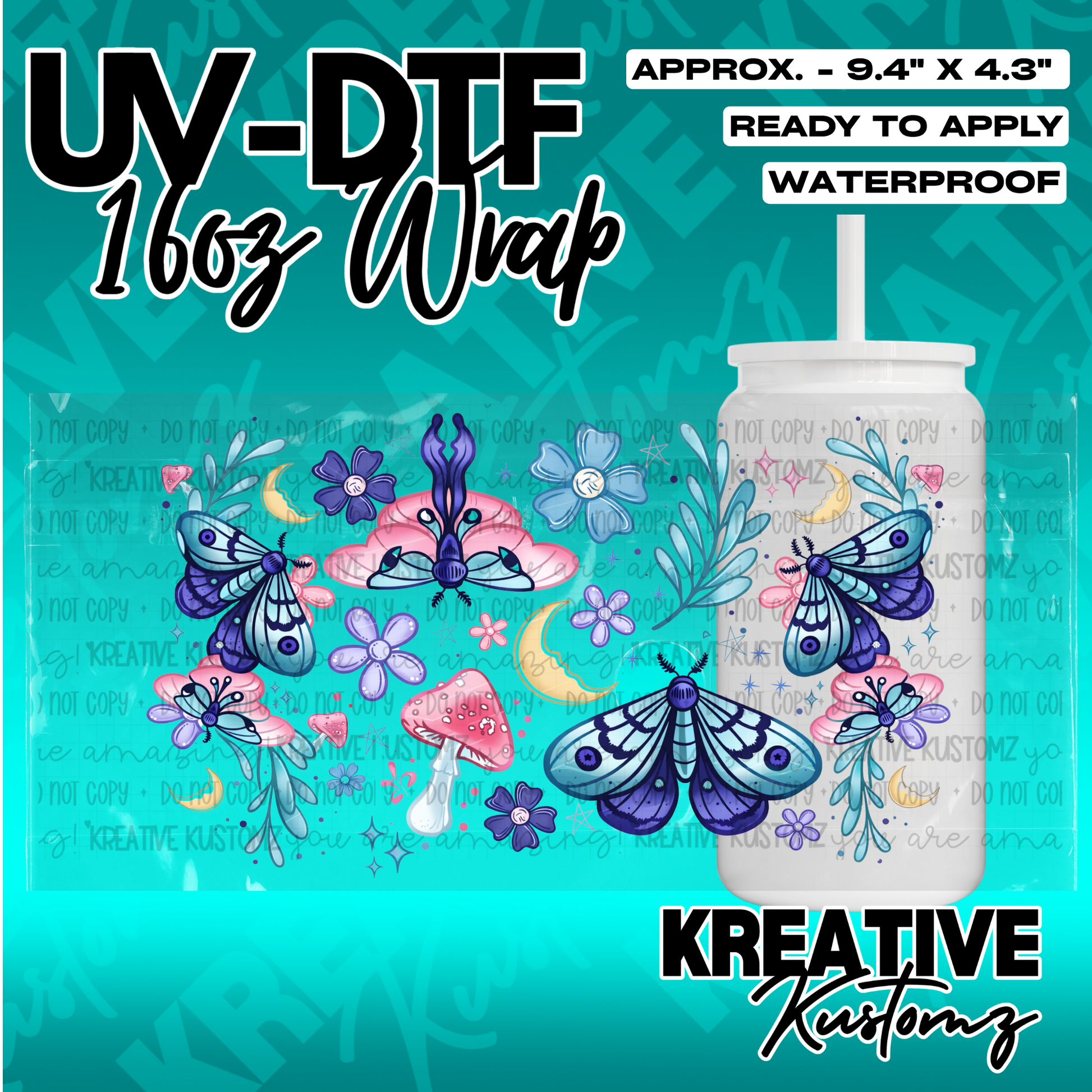 A floral and moth themed UV DTF adhesive wrap for a 16oz glass cup.