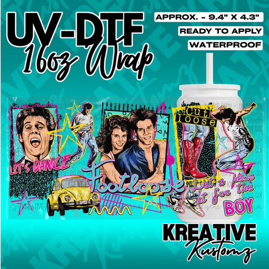 A Footloose themed UV DTF adhesive wrap for a 16oz glass cup featuring movie characters and icons.