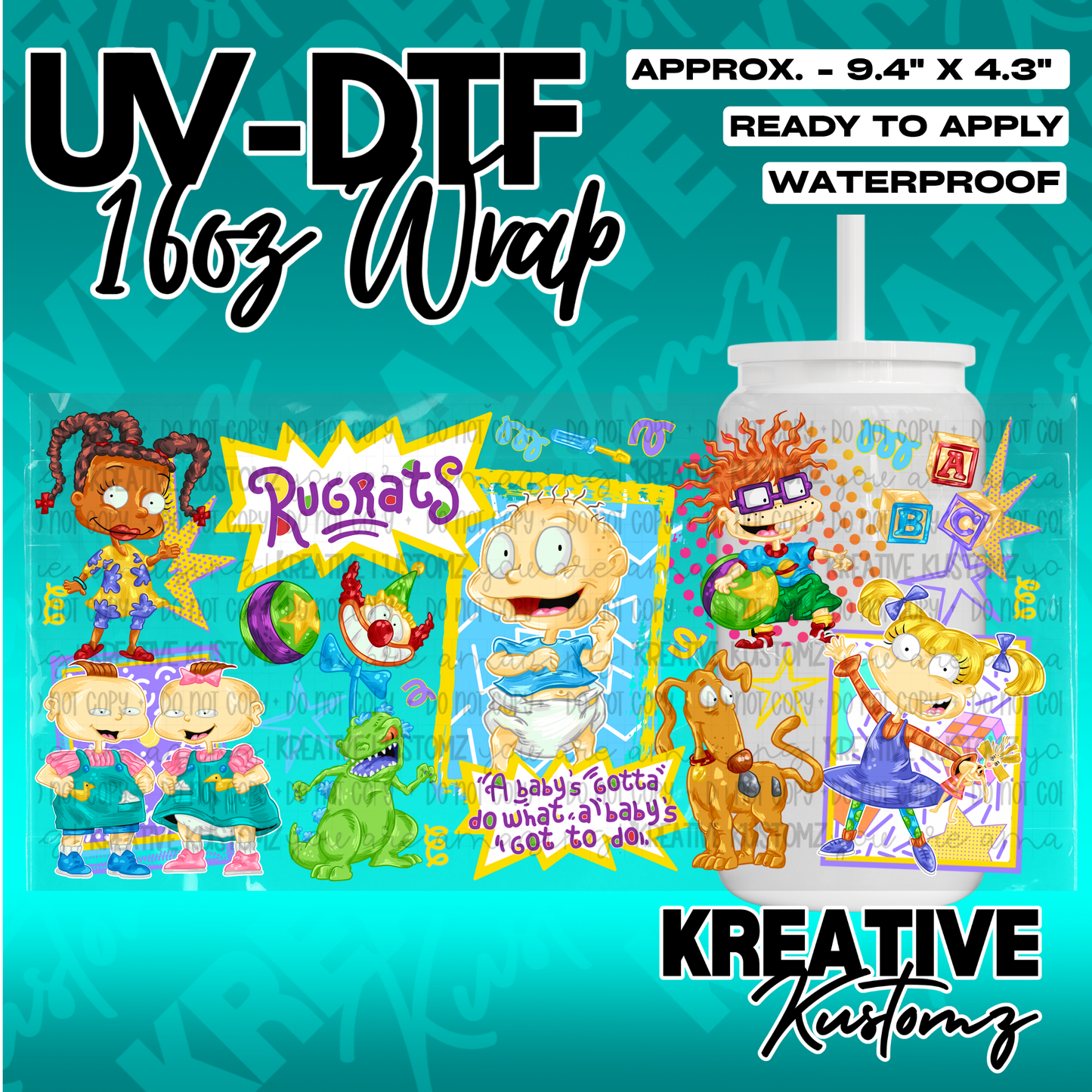 A Rugrats themed UV DTF adhesive wrap for a 16oz glass cup featuring various character designs.