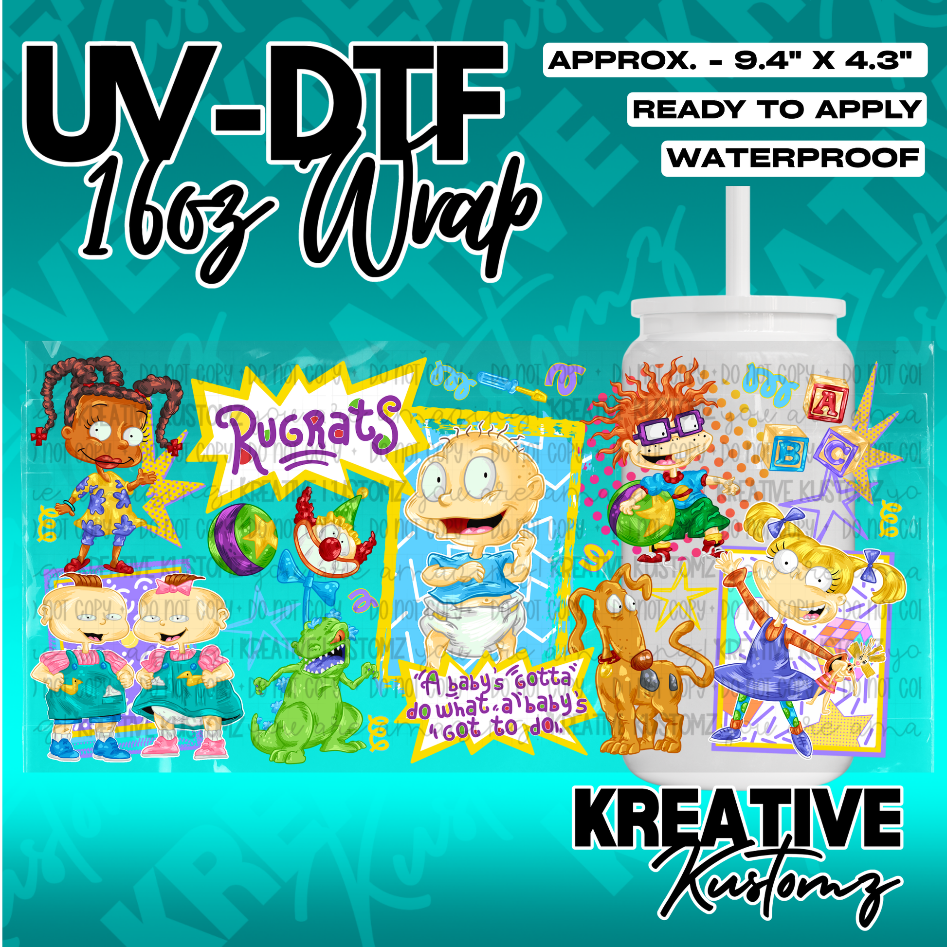 A Rugrats themed UV DTF adhesive wrap for a 16oz glass cup featuring various character designs.