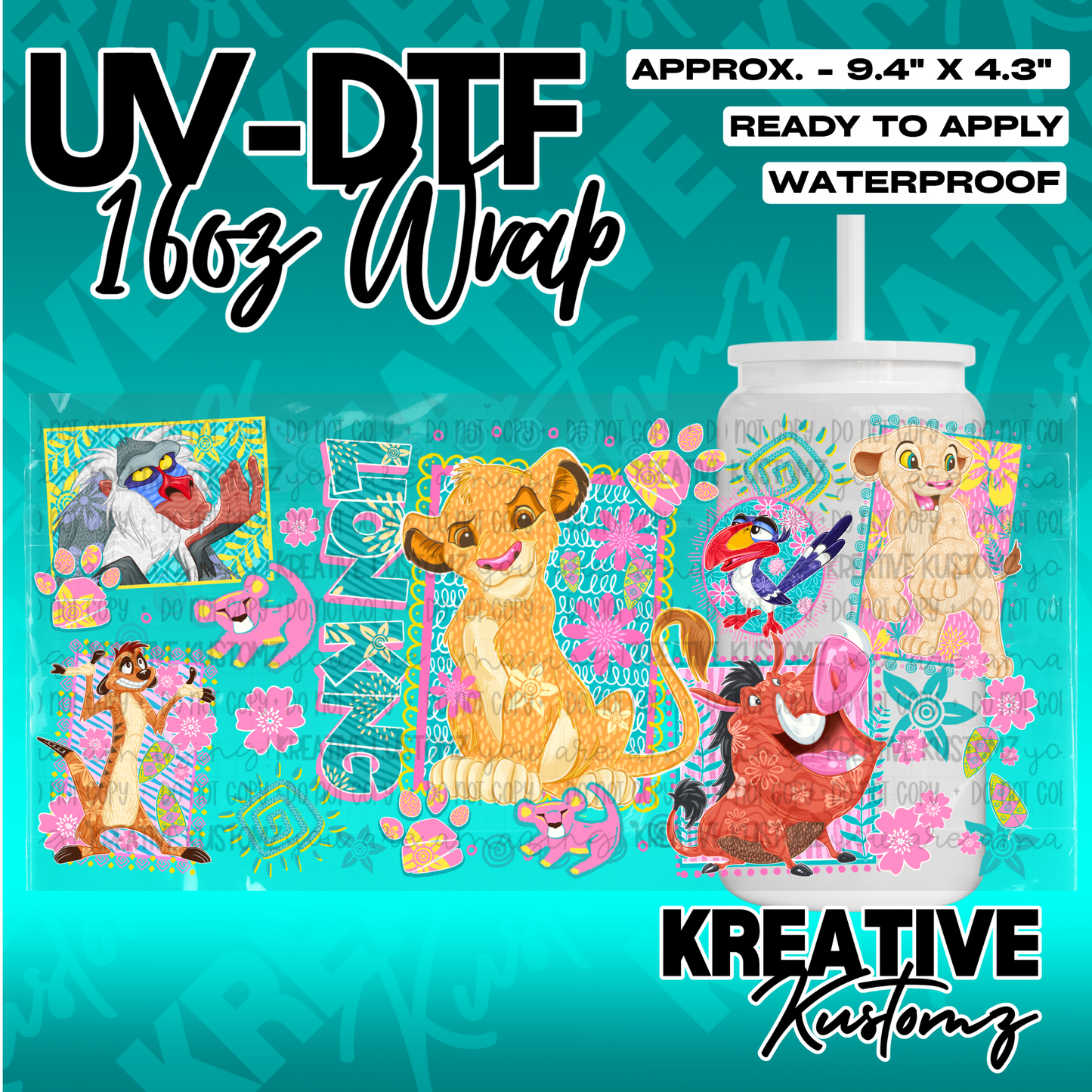 A vibrant Lion King themed UV DTF adhesive wrap for a 16oz glass cup.