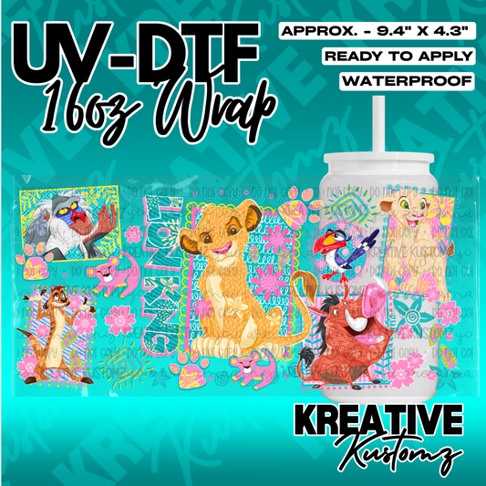 A vibrant Lion King themed UV DTF adhesive wrap for a 16oz glass cup.