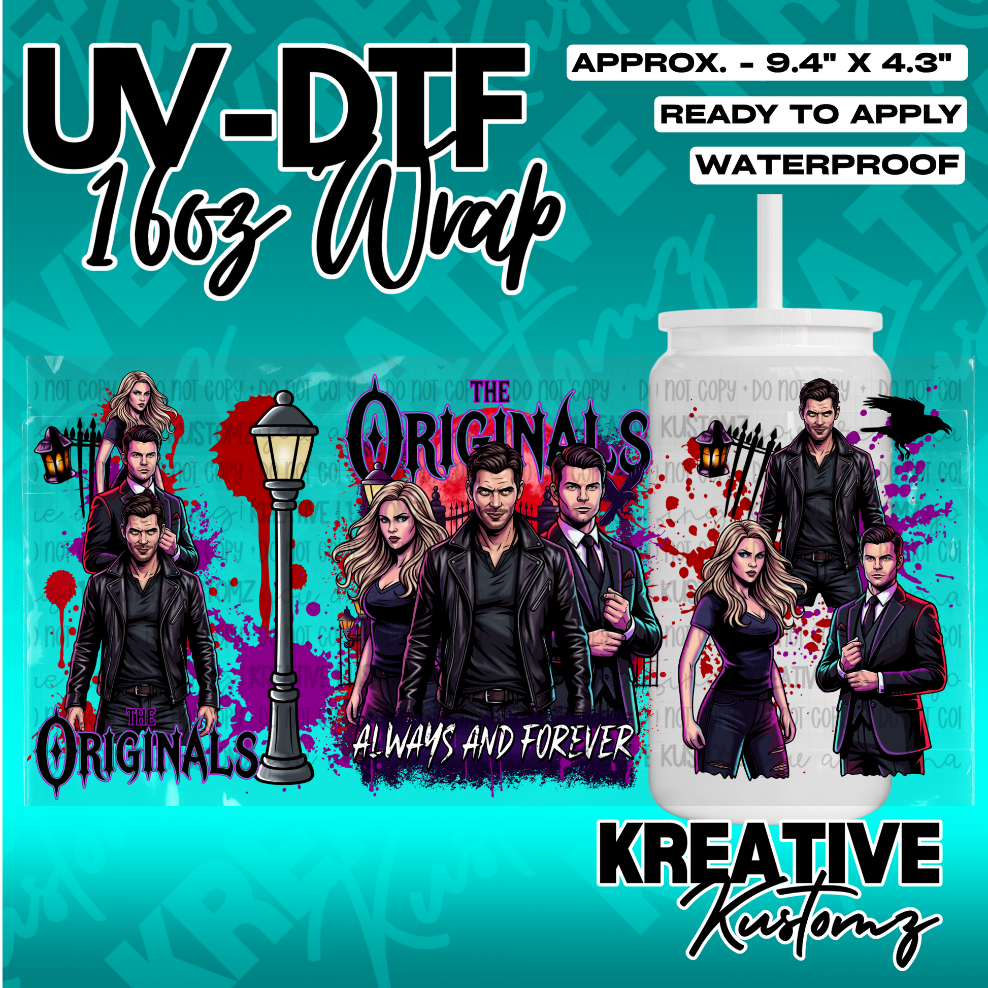 A UV DTF cup wrap featuring characters from The Originals on a red and black splatter background.