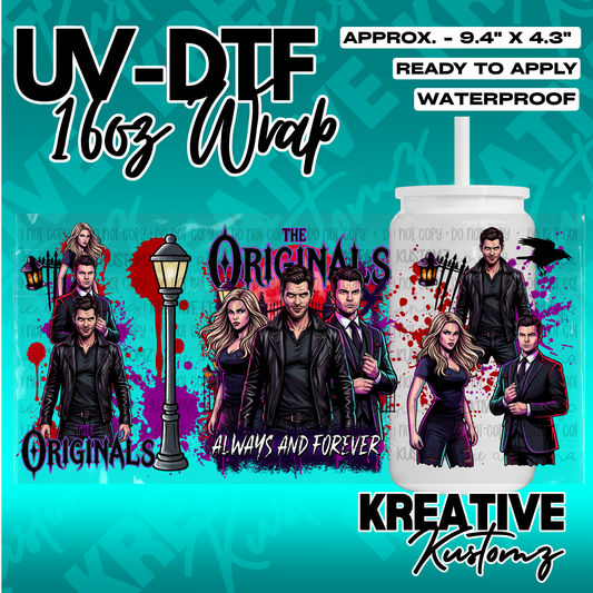 A UV DTF cup wrap featuring characters from The Originals on a red and black splatter background.