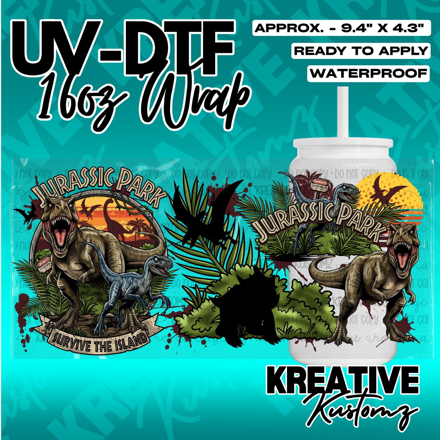 A Jurassic Park themed UV DTF adhesive wrap for a 16oz glass cup featuring dinosaur illustrations.