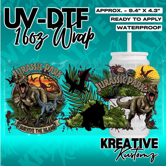 A Jurassic Park themed UV DTF adhesive wrap for a 16oz glass cup featuring dinosaur illustrations.
