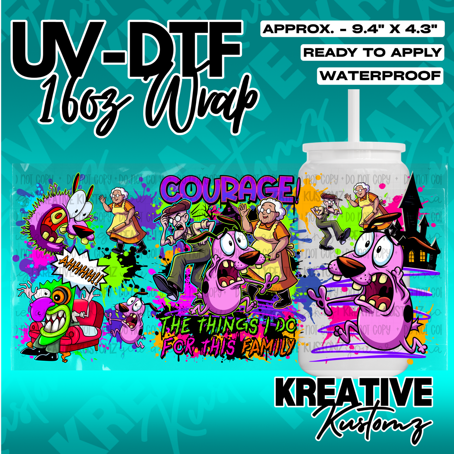 A Courage the Cowardly Dog themed UV DTF adhesive wrap for a 16oz glass cup.