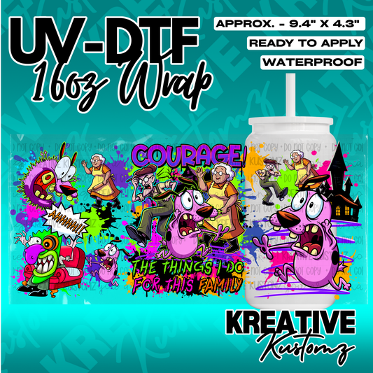 A Courage the Cowardly Dog themed UV DTF adhesive wrap for a 16oz glass cup.