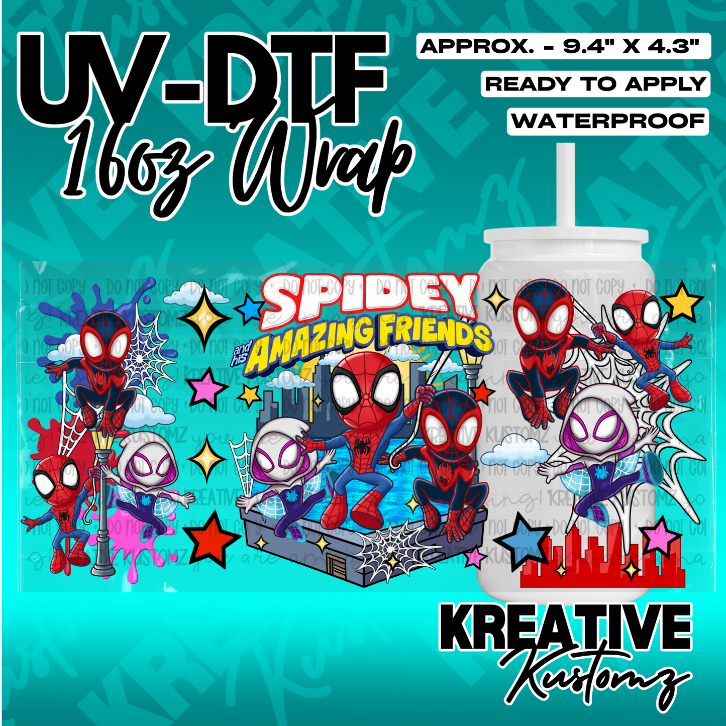 A Spidey and His Amazing Friends themed UV DTF adhesive wrap for a 16oz glass cup.