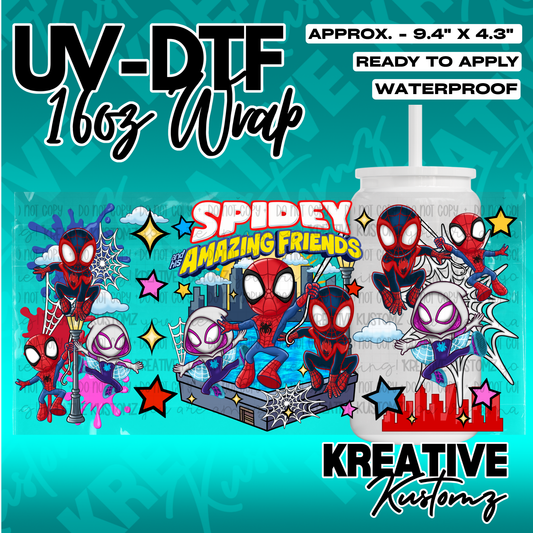 A Spidey and His Amazing Friends themed UV DTF adhesive wrap for a 16oz glass cup.