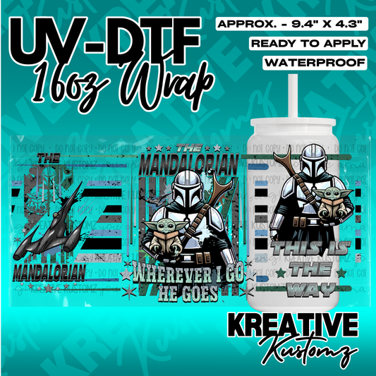A Mandalorian themed UV DTF adhesive wrap for a 16oz glass cup featuring Grogu.