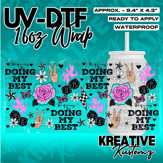 A UV DTF adhesive wrap for 16oz glass cans featuring retro floral, dice, and peace sign designs.