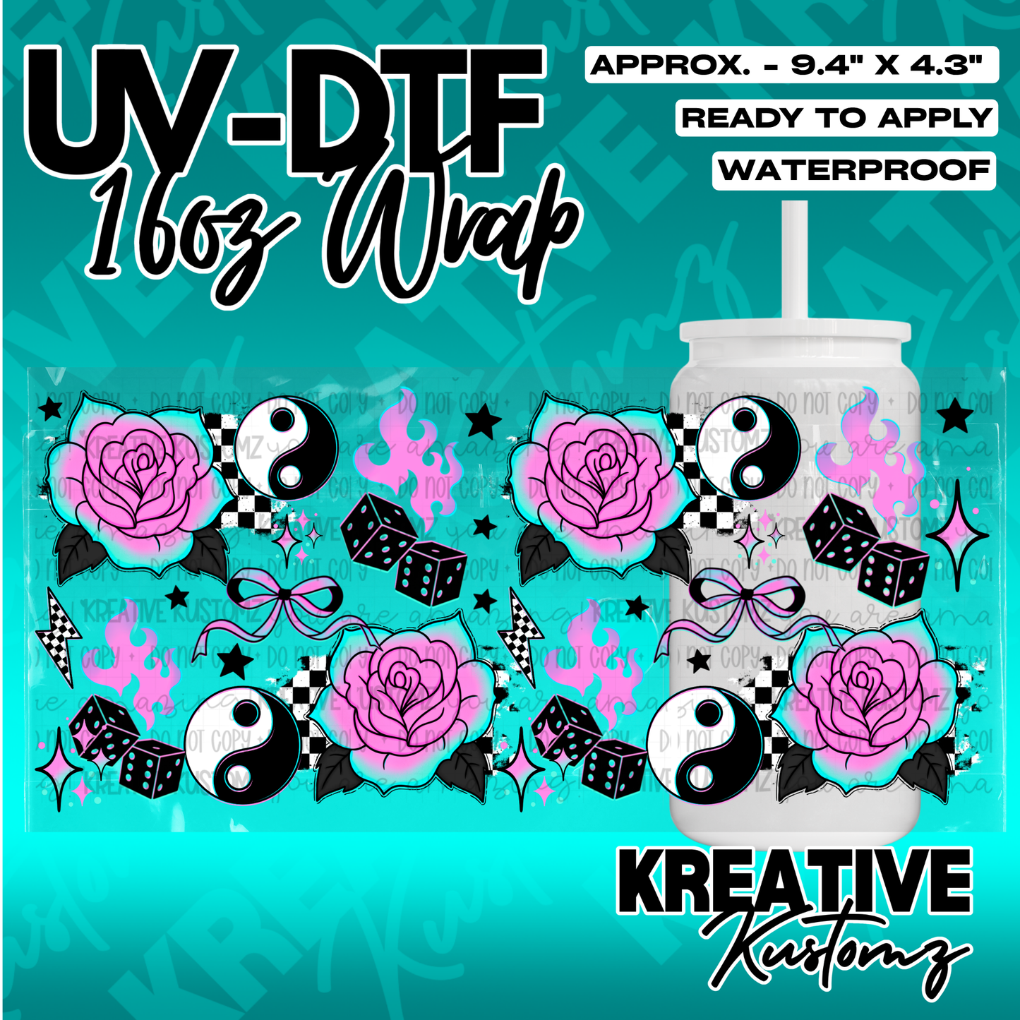 A UV DTF cup wrap featuring pink roses, dice, yin-yang symbols, and bows on a clear backing.