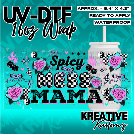 A retro floral UV DTF adhesive cup wrap featuring the text Spicy Mess Mama with checkered patterns.