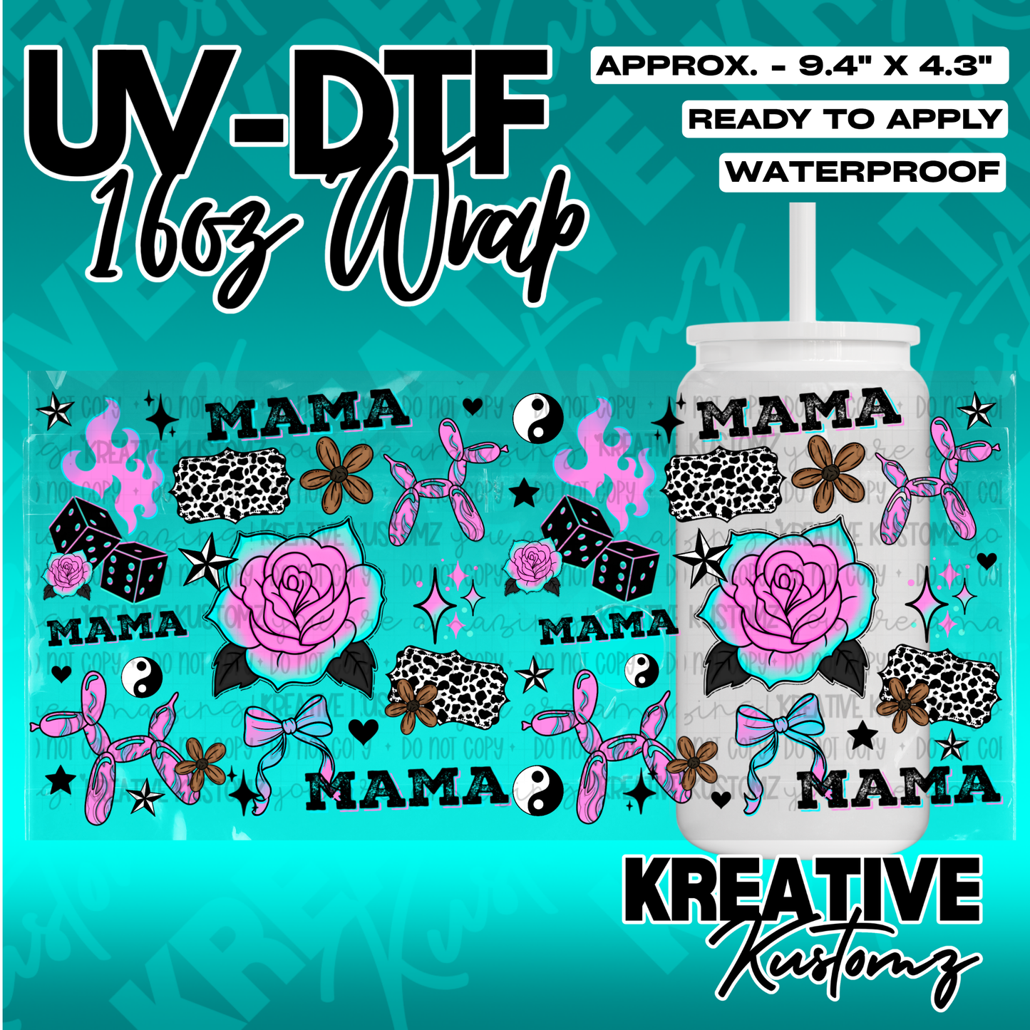 A UV DTF adhesive wrap for a 16oz glass cup featuring a pink rose, dice, and balloon dog design.