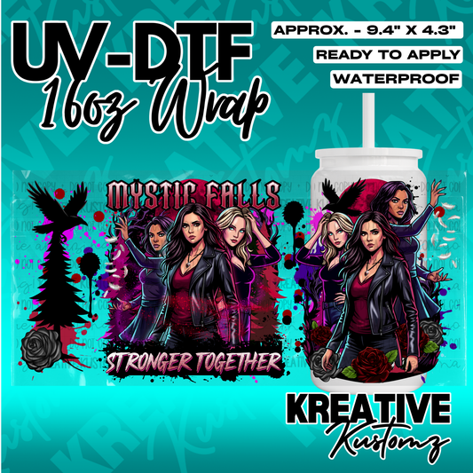 A UV DTF cup wrap featuring characters from The Vampire Diaries with the text Mystic Falls.