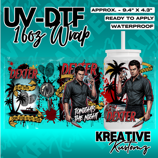 A Dexter themed UV DTF adhesive wrap for a 16oz glass cup featuring crime scene imagery.