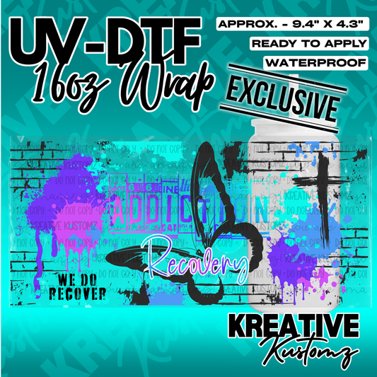A colorful UV DTF cup wrap featuring a butterfly, a cross, and recovery-themed text.