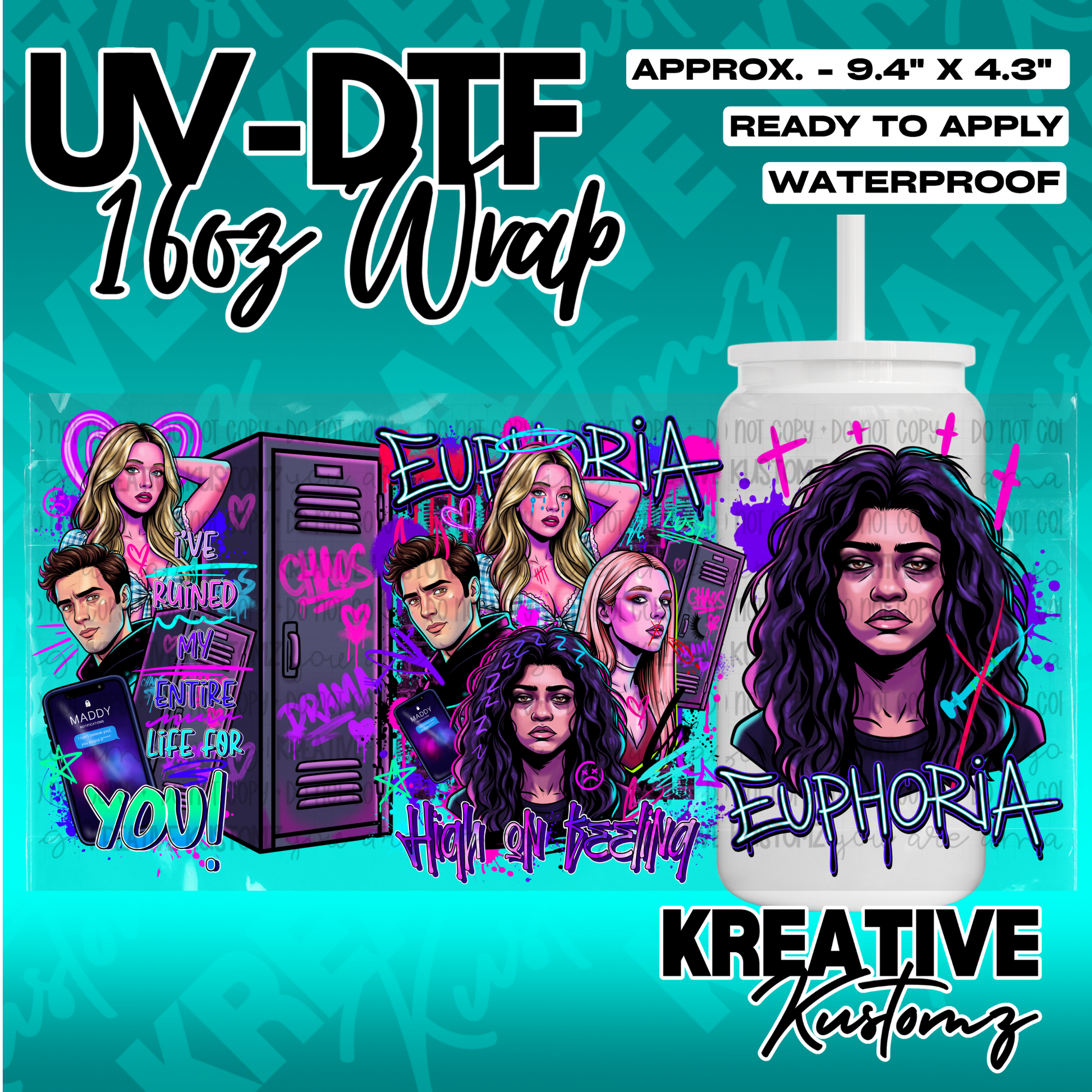 A vibrant UV DTF wrap for a 16oz glass cup featuring Euphoria-themed character illustrations.