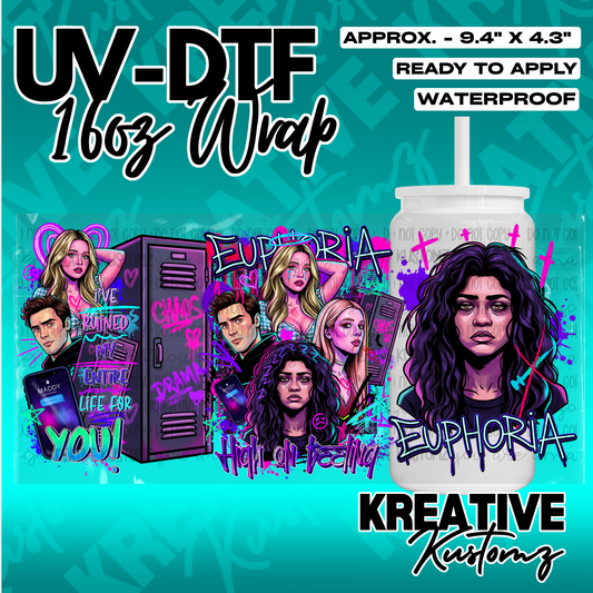 A vibrant UV DTF wrap for a 16oz glass cup featuring Euphoria-themed character illustrations.