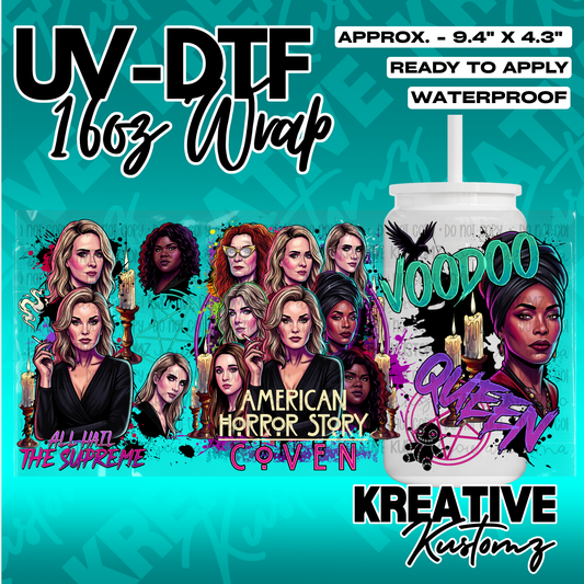 A UV DTF adhesive wrap for 16oz glass cans featuring American Horror Story Coven character art.