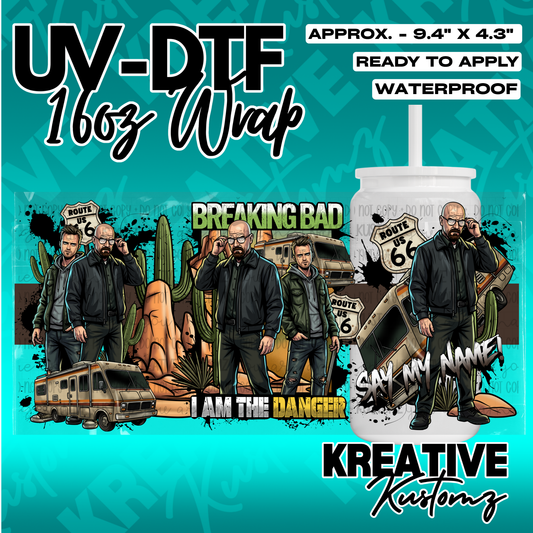 A Breaking Bad themed UV DTF adhesive wrap for a 16oz glass cup featuring characters and an RV.