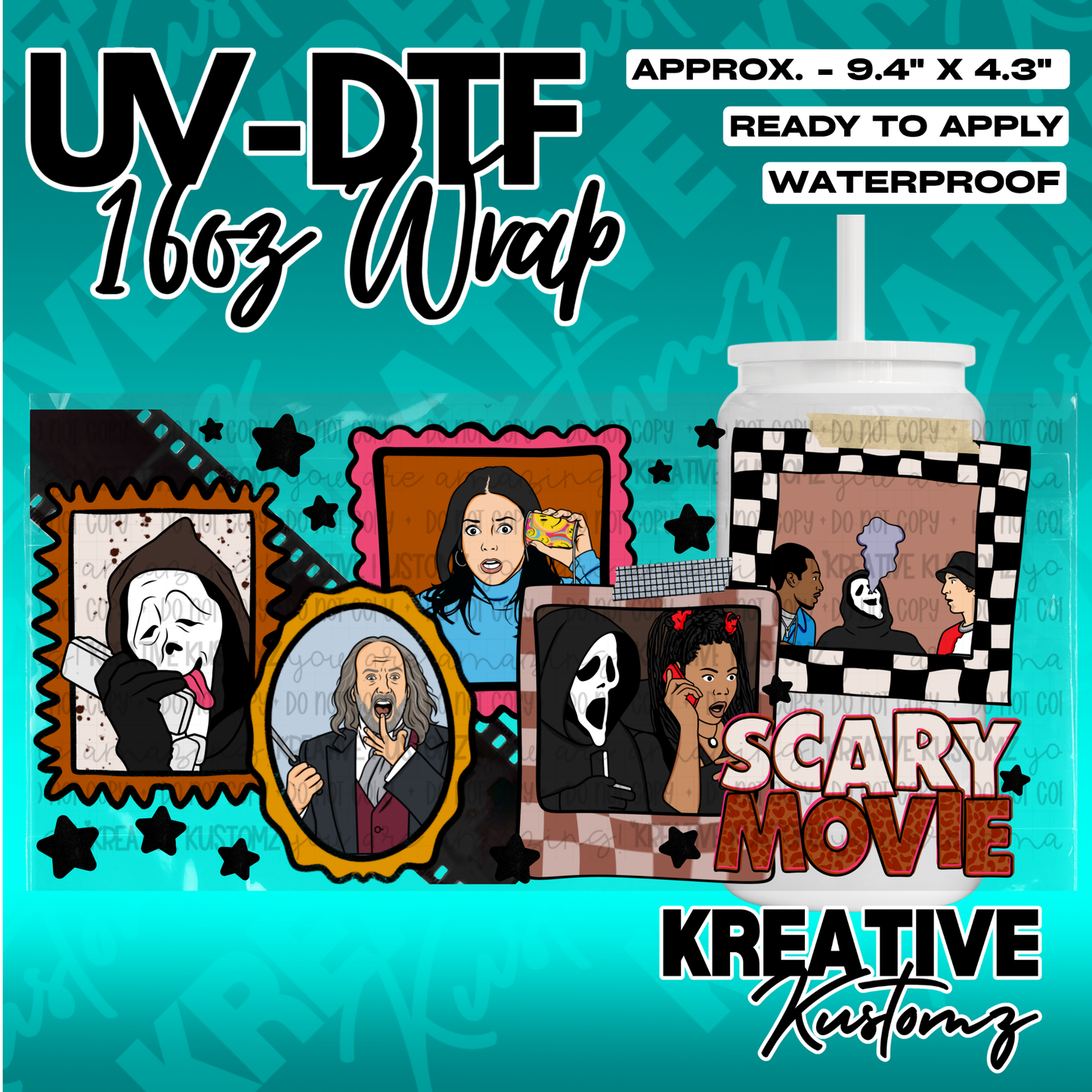 A Scary Movie themed UV DTF adhesive wrap for 16oz glass cans featuring various film characters.