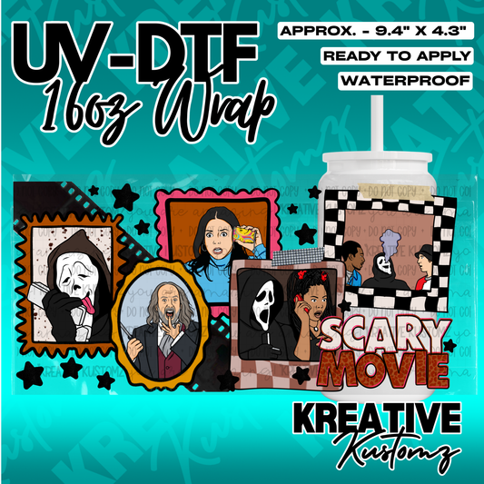 A Scary Movie themed UV DTF adhesive wrap for 16oz glass cans featuring various film characters.