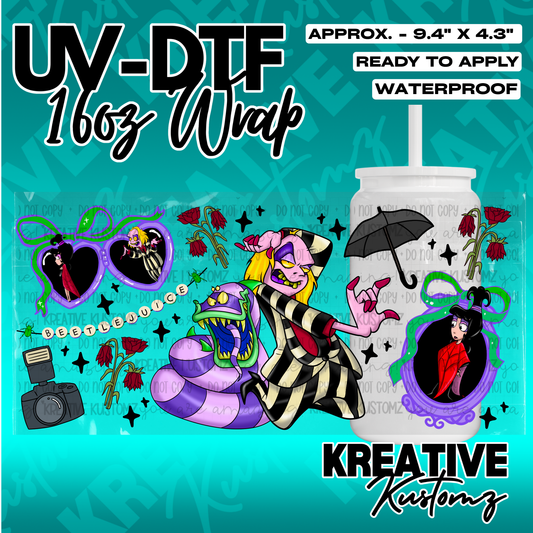 A Beetlejuice themed UV DTF adhesive wrap for a 16oz glass cup featuring character illustrations.