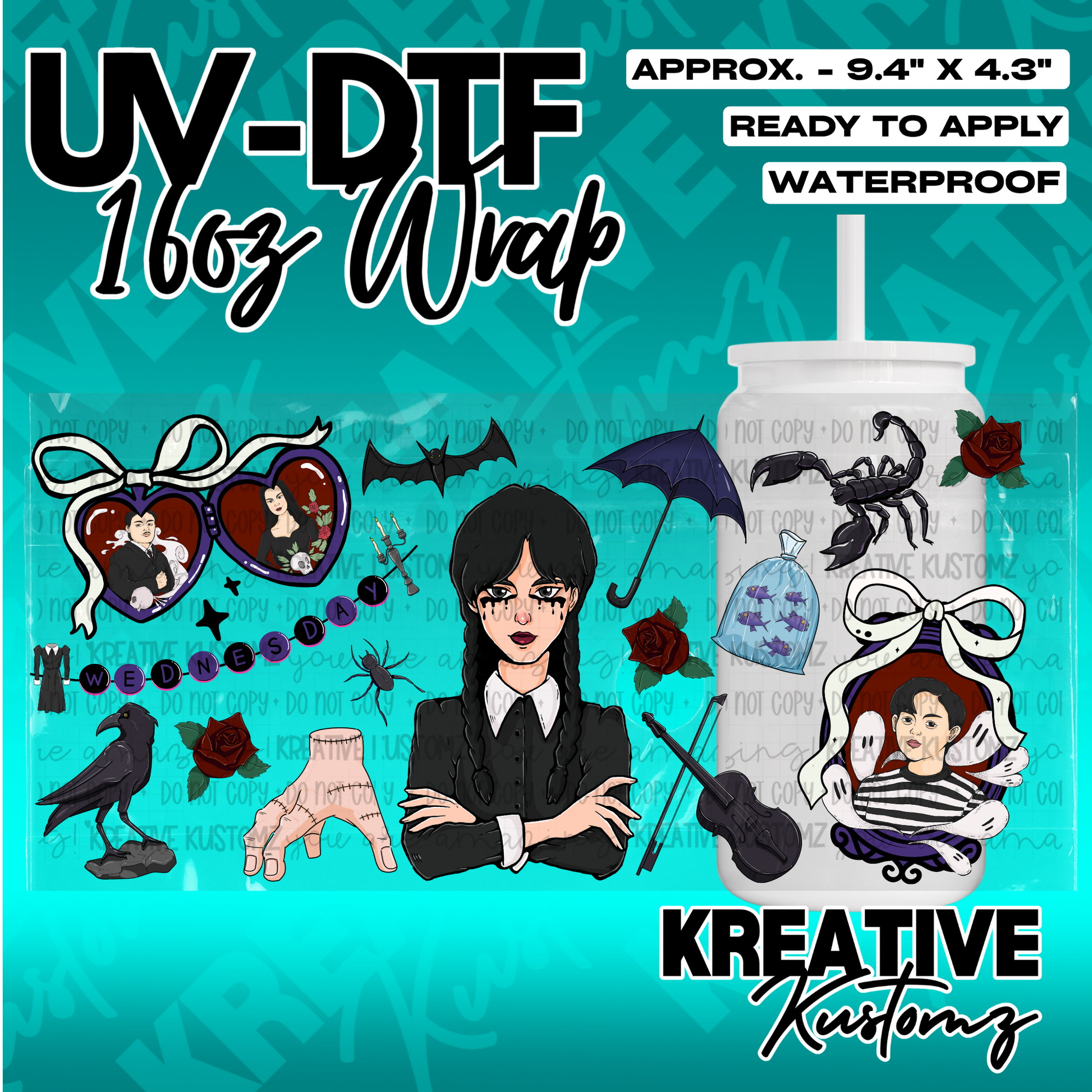 A UV DTF adhesive wrap for 16oz glass cans featuring Wednesday Addams themed illustrations.