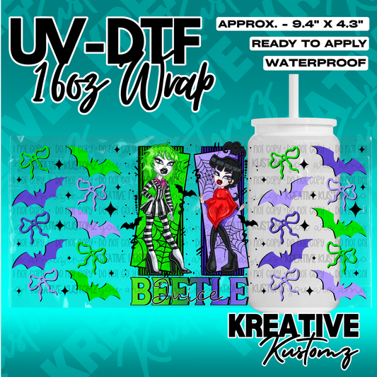 A Beetlejuice themed UV DTF adhesive wrap for a 16oz glass can.