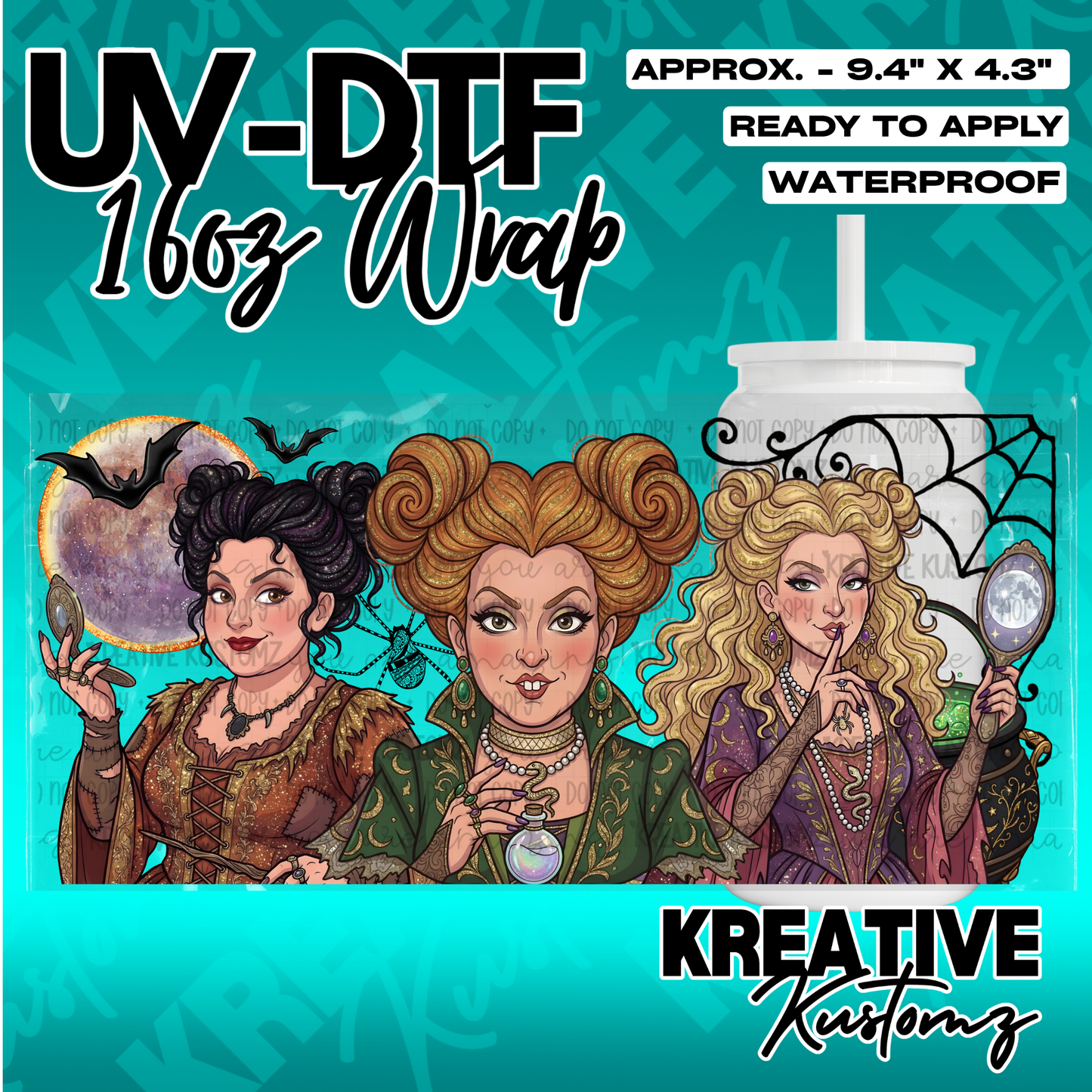 A Hocus Pocus themed UV DTF adhesive wrap for 16oz glass cans featuring the three Sanderson sisters.