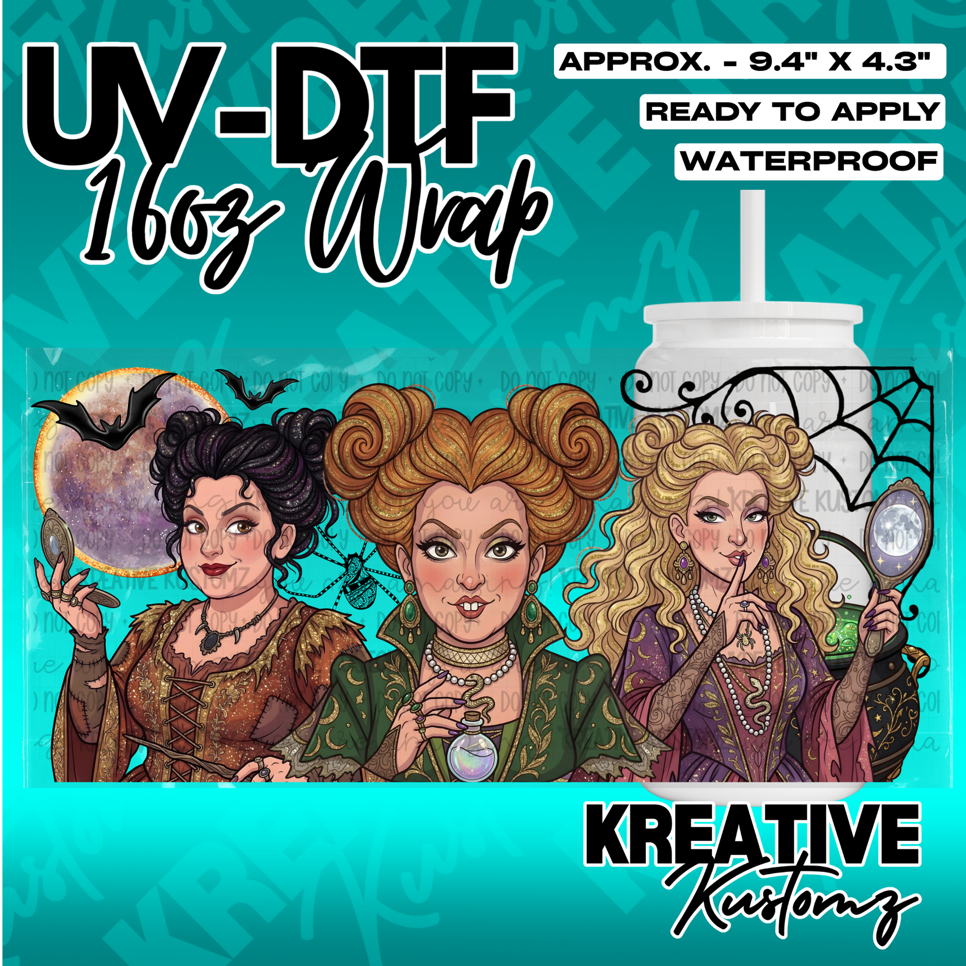 A Hocus Pocus themed UV DTF adhesive wrap for 16oz glass cans featuring the three Sanderson sisters.