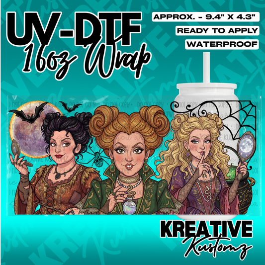 A Hocus Pocus themed UV DTF adhesive wrap for 16oz glass cans featuring the three Sanderson sisters.