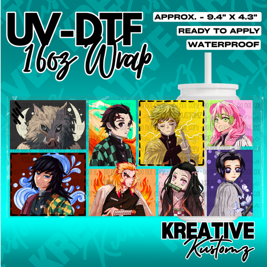 A UV DTF adhesive cup wrap featuring illustrations of eight anime characters for 16oz glass cans.