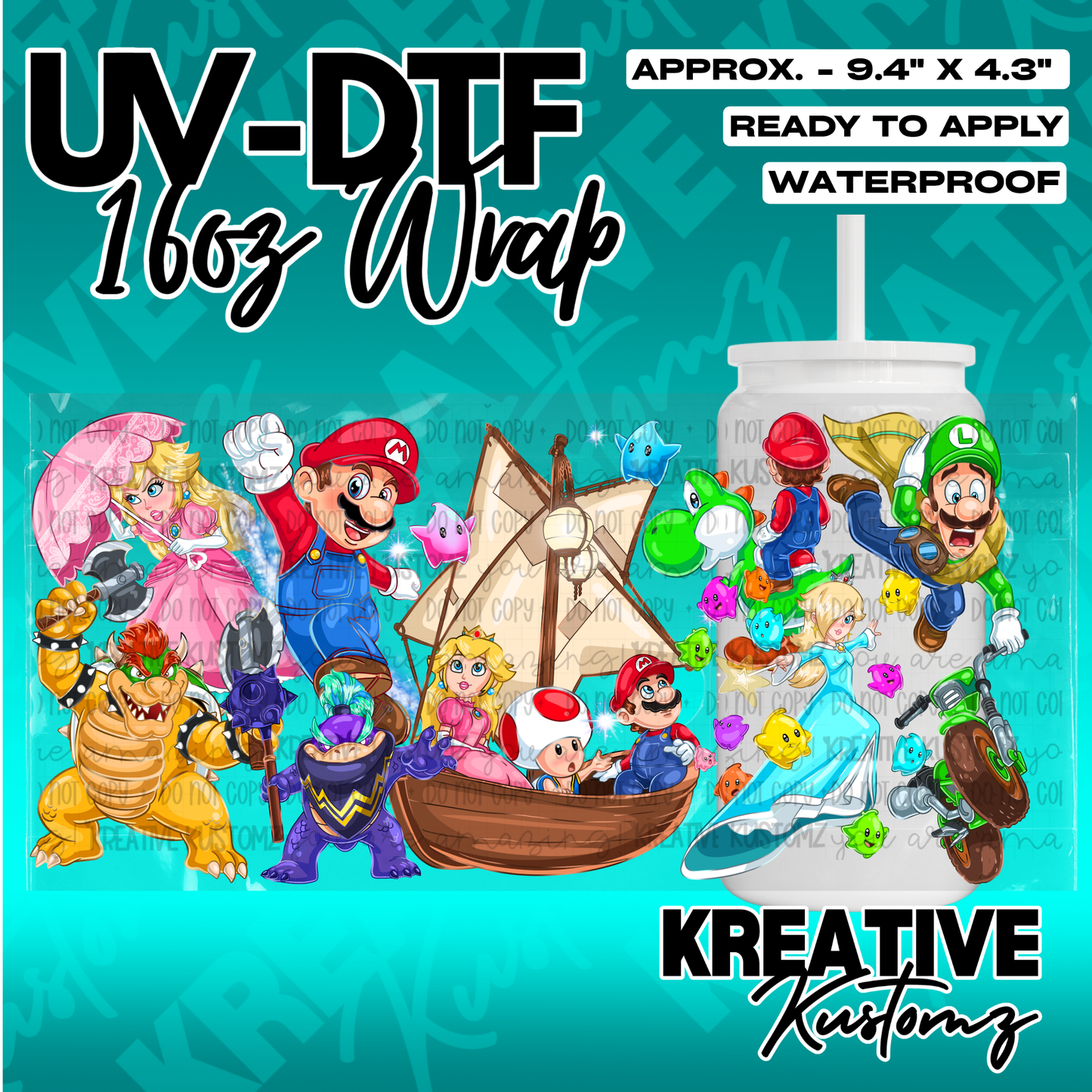 A Mario-themed UV DTF adhesive wrap for a 16oz glass cup featuring various character illustrations.