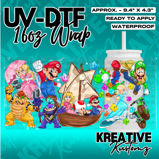 A Mario-themed UV DTF adhesive wrap for a 16oz glass cup featuring various character illustrations.