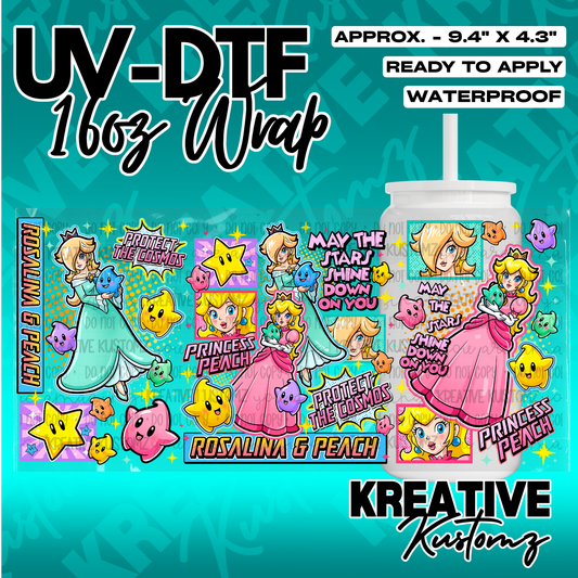 A UV DTF adhesive cup wrap featuring Princess Peach and Rosalina with stars on a teal background.