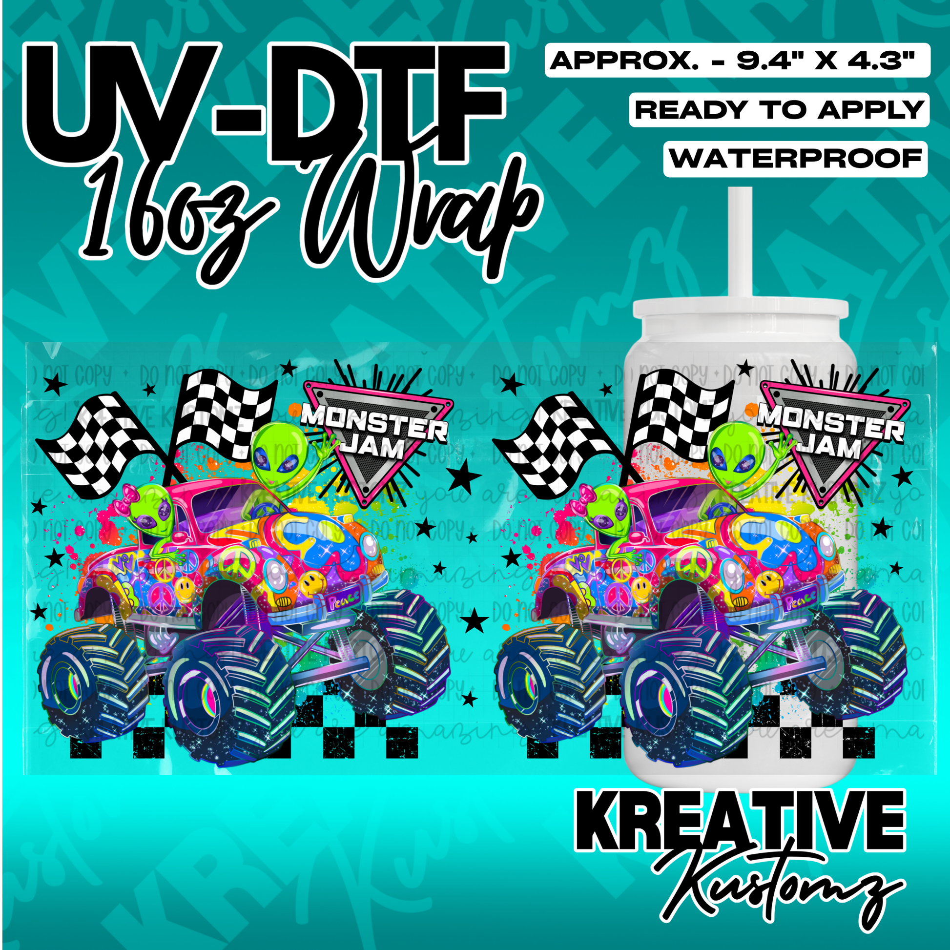 A UV DTF cup wrap featuring a colorful monster truck with aliens and checkered flags.